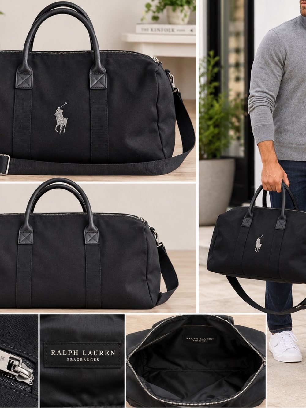 Ralph Lauren Fragrances Black Canvas Duffle Weekender Travel Bag Polo Pony